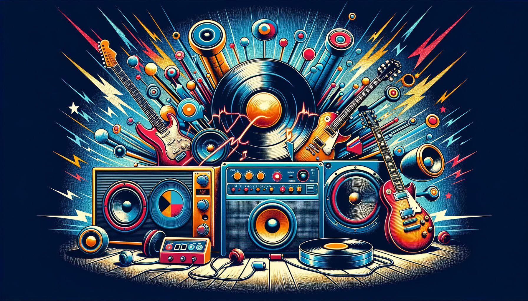 Create a digital illustration in a 16:9 ratio, 1792 pixels wide, to serve as a cover for a Classic rock music article titled 'A Sonic Journey: Traversing the Soundscape of Classic Rock and Beyond'. The image should depict elements of classic rock culture, such as vintage vinyl records, electric guitars, and speakers. Also include references to modern technology like AI-integrated smart speakers. Subtly hint at the progression of music, showcasing elements from past to present. The color scheme should echo the vibrant and electric energy associated with classic rock music.