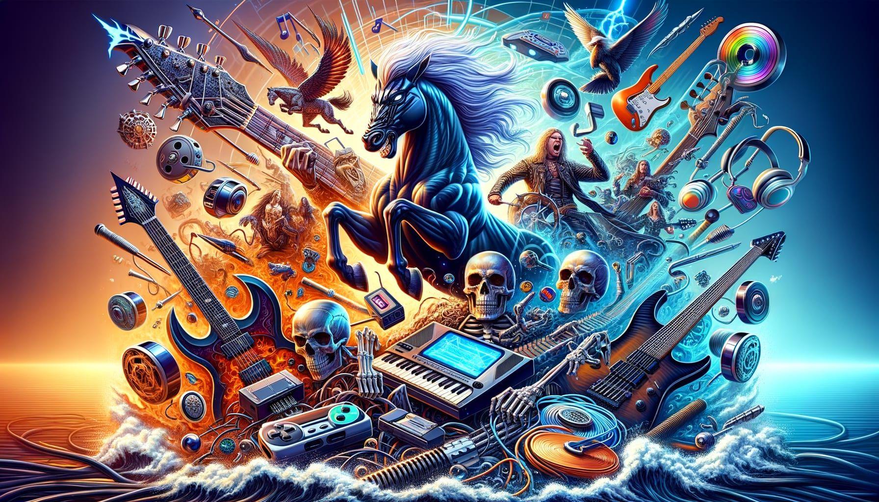 Create a detailed image displaying an impressive fusion of heavy metal music and various elements of modern technology, such as video games and gadgets, as well as unique components like horse grooming tools. The scene must be designed to conjure a sense of supremacy of metal music, with dynamic energy and vibrant color palette to capture the spirit of metal and technology. The title 'Riffs and Rhythms: A Symphony of Metal and Gadgets' should be prominently displayed on top of the image. Ensure the image is in a 16:9 aspect ratio and has a resolution of 1792 pixels.