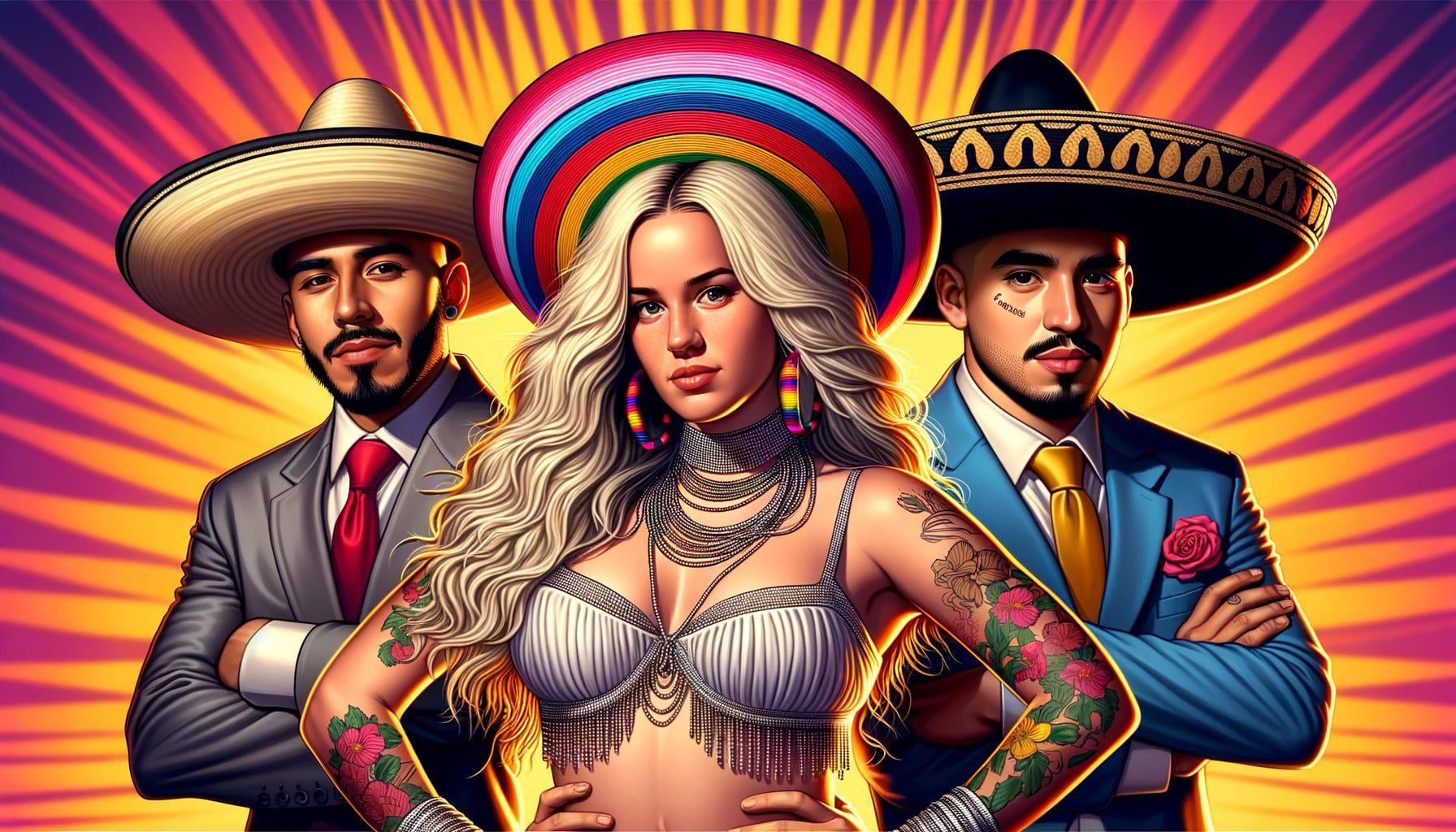 Custom-made 16:9 ratio image of 1792 pixels for an article titled 'ResurgenceOfLatinGroove'. The image embodies the concept of the revitalization of the Latin music scene with the presence of three successful musicians: a gifted Colombian singer known for her belly dancing and her blonde hair, a talented American rapper noted for her fierce expressions and flamboyant costumes, and an influential Mexican folk music group appreciated for their traditional outfits that include sombreros. Please add a vibrant background that reflects the groovy Latin music vibe.