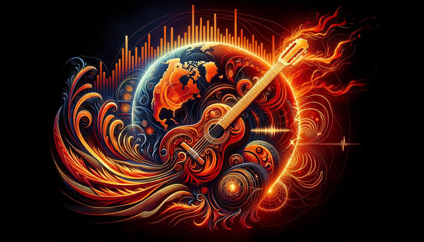 Create an intricate 16:9 ratio image of 1792 pixels that represents the dynamic resurgence of Latin rock music. The picture could include symbolic elements such as a guitar enveloped in vibrant fiery hues to signify passion and ardour, a pulsating globe denoting its global influence and the rhythmic waveforms symbolizing the sound of rock. The title 'Rhythms Across Borders - The Resurgence of Latin Rock in the Mainstream' should be inscribed in a bold, captivating font at the top of the image.