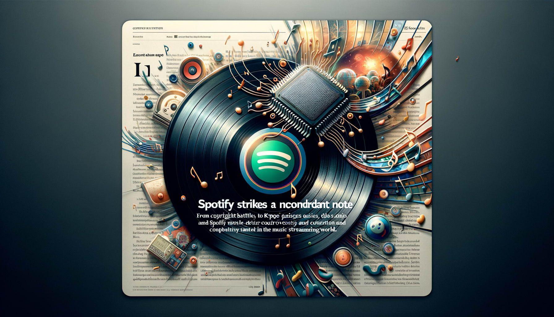 Imagine a digital article cover showcasing a blend of modern and traditional musical themes, representing the world of music streaming. Depict a large vinyl record contrasted against a digital silicon chip, symbolizing the old and new technologies embracing music. As the backdrop, suggest a whirl of notes, copyright symbols and Korean pop cultural elements, denoting the controversies and trends in the music streaming industry. The article title, 'Spotify Strikes a Discordant Note in Silicon and Vinyl', is prominently featured above the imagery, while the description, 'From copyright battles to K-pop quizzes, Spotify's recent moves stir controversy and competition in the music streaming world' is located beneath. The image is in a 16:9 ratio with 1792 pixels.