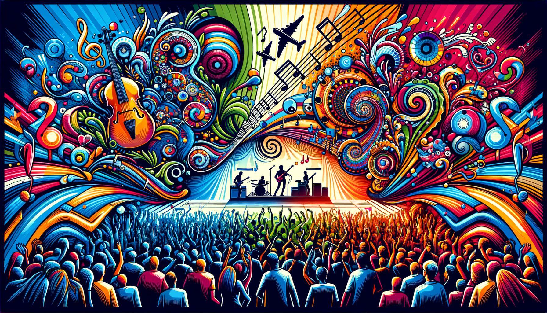 Design an image in a 16:9 ratio and with 1792 pixels width for an article named 'Hyperpop Harmony and Dissonance'. The image should illustrate the eclectic evolution of hyperpop music, using vibrant and contrasting colors, depicting pulsating concert scenes with diverse crowd, energetic artists immersed in mutual creativity, and sonic graphics, symbolizing the unmistakable sounds unique to this genre. Please ensure the image composition captures the essence of hyperpop's harmony and dissonance.