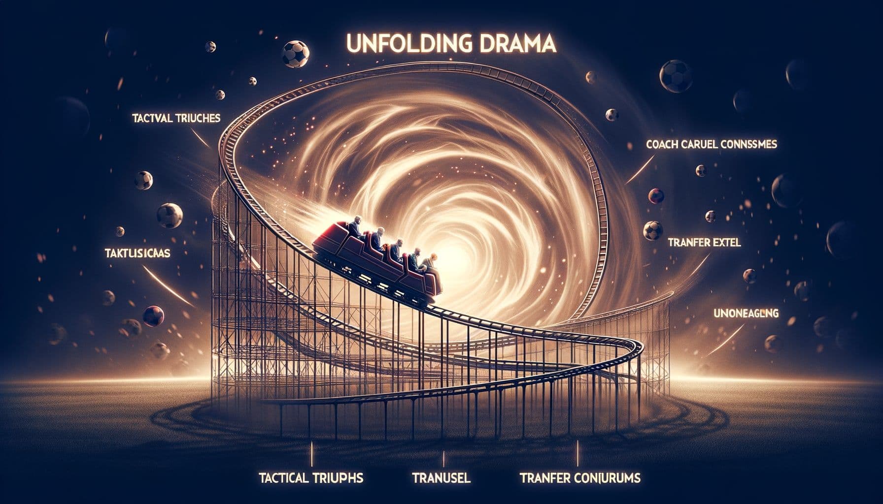 An image representing a rollercoaster ride to symbolize the turbulent journey of a prominent soccer coach at a world-renowned football club. The rollercoaster cart is moving along a track filled with ups and downs, symbolizing tactical triumphs and transfer teases. Unfolding drama is represented by a swirling vortex in the backdrop, hinting at coach carousel conundrums. The name of the club, FC Barcelona, is brightly lit in the backdrop. The image is in 16:9 ratio with 1792 pixels.