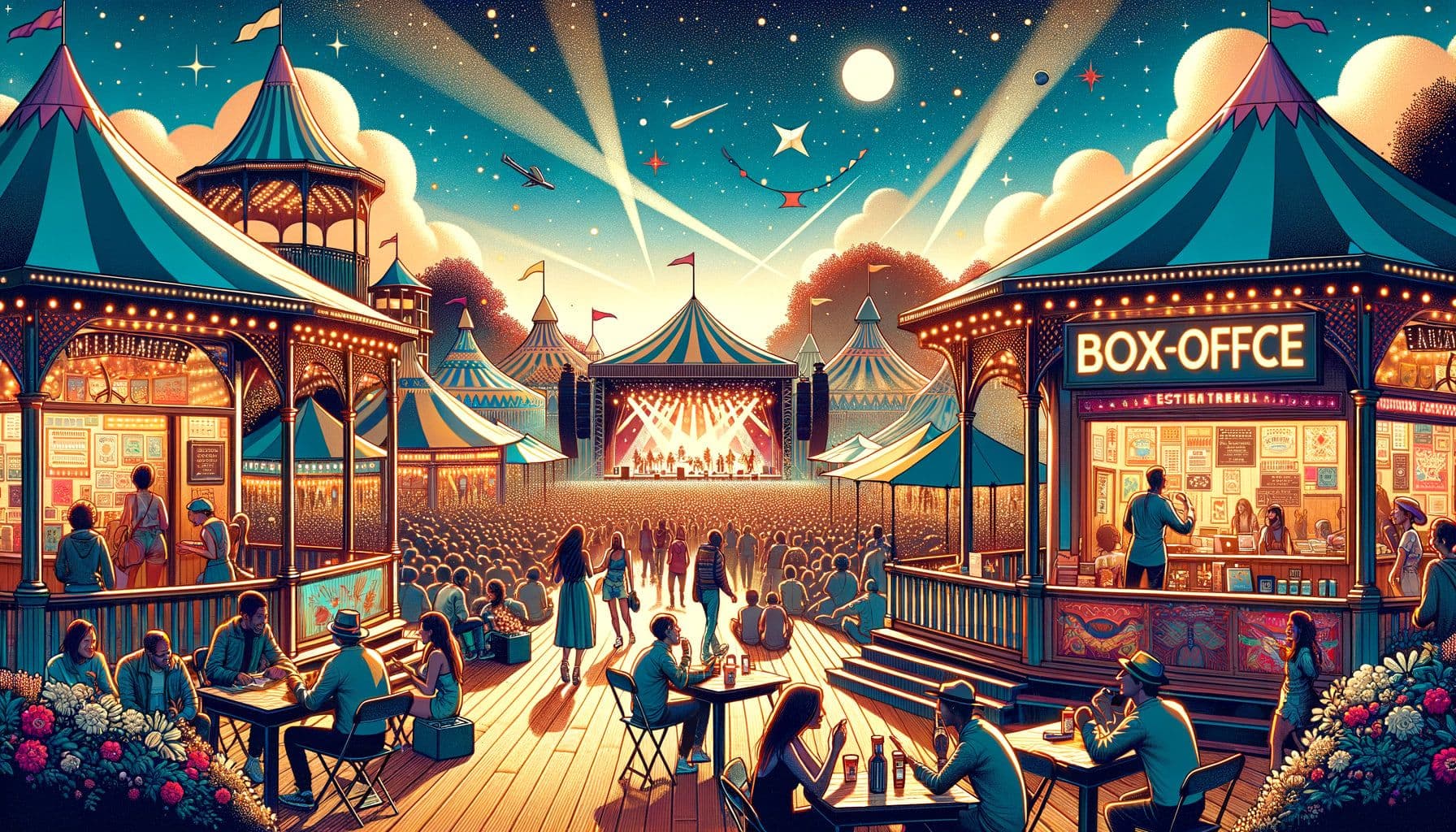 Craft an illustration in a 16:9 ratio with 1792 pixels to complement an article titled 'SummerFestsTrendsRevealed'. The image should immerse the viewer into the vibe of the summer festival season showcasing lively bespoke pavilions brimming with festival-goers of varying descents and genders. Add a scene of a box-office area bustling with activity, and depictions of potential rising music stars on stage, captivating the audience with their performances. The atmosphere should be vibrant, colorful and filled with the energy of live music and celebration.