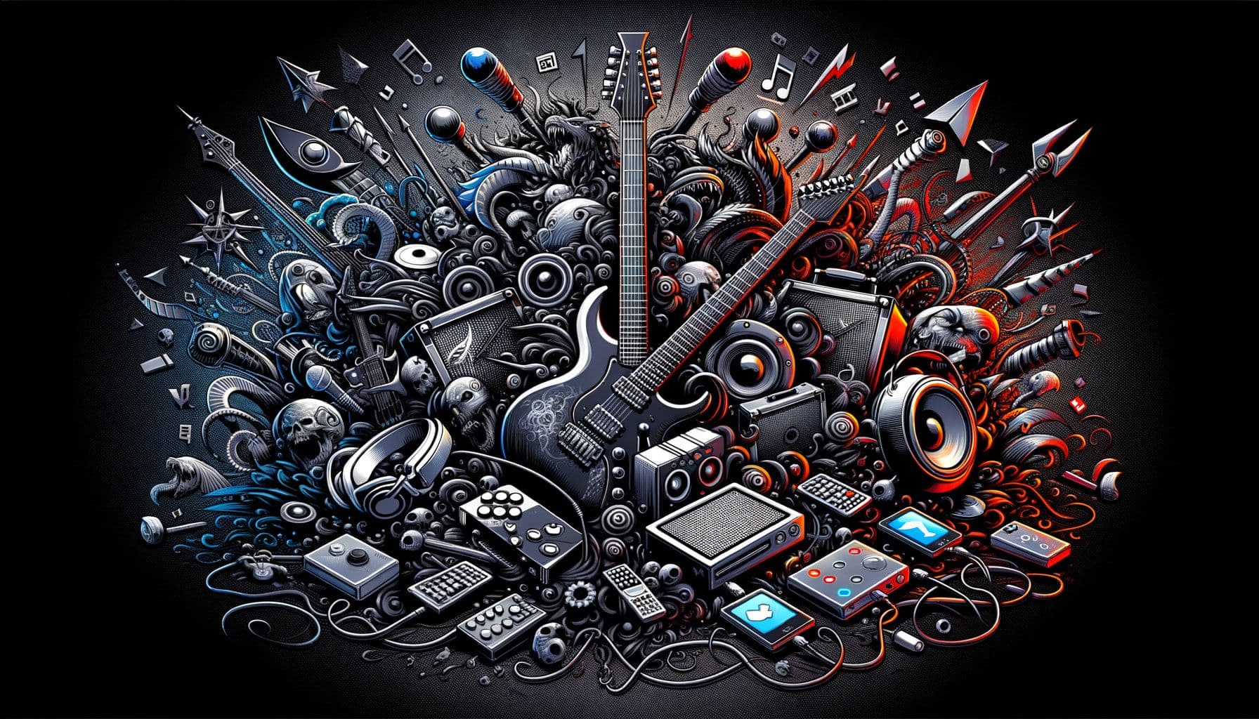 Create a wide-format image suitable for a 16:9 ratio, with a resolution of 1792 pixels. The image is for an article titled 'Metal Mayhem: A Blend of Entertainment, Tech, and Temperament'. The visual theme should represent the blend of heavy metal music, cutting-edge technology, gaming, and social media. It should have prominent elements of metal music like electric guitars, drums, and amplifiers merged with gaming consoles, headphones, and social media icons. Laying emphasis on the metal music scene, it could have vibrant colors like black, red and silver reminiscent of the metal genre.