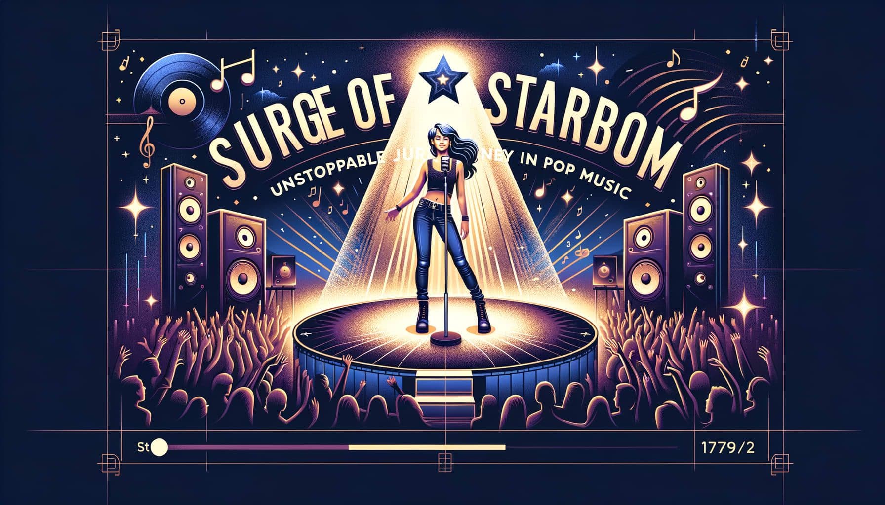 An illustration representing the title 'Surge of Stardom: An Unstoppable Journey in Pop Music'. A depiction of a young female music artist with an average build, standing confidently in the spotlight on a stage. The stage elements include a microphone, speakers, and a crowd of cheering fans depicted as a sea of small lights. The stage is set within a larger design element of a rising star, symbolizing her rapid rise in the music industry. The background includes stylized representations of musical notes and records, highlighting her impactful journey in pop music. The layout is optimized for a 16:9 ratio, with 1792 pixels.