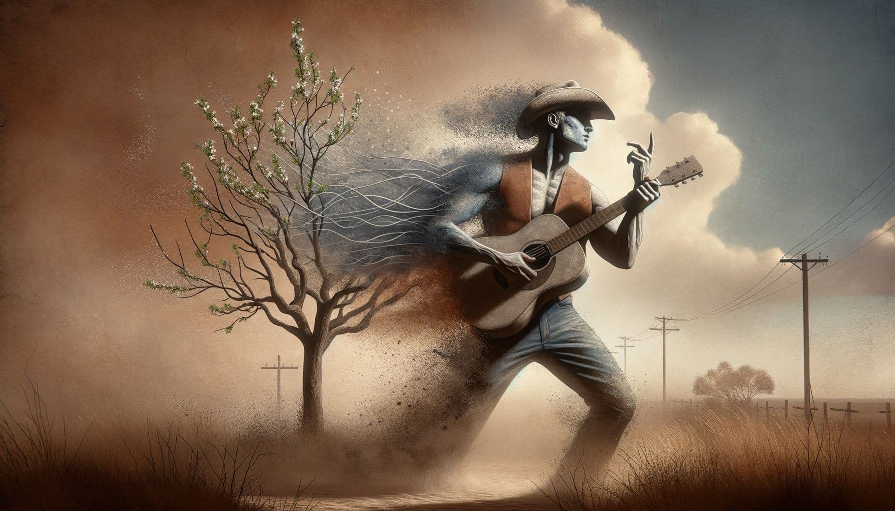 Conceptual representation of a male musician shaking up the charts. He embodies new masculinity ideals, depicted through his demeanor, attire, and expression. He is symbolically collaborating with an icon, represented metaphorically by a thriving spring tree (avoiding the direct reference to a specific person). All this is wrapped in a dusty, atmospheric country scene. The image is in a 16:9 ratio with a width of 1792 pixels.