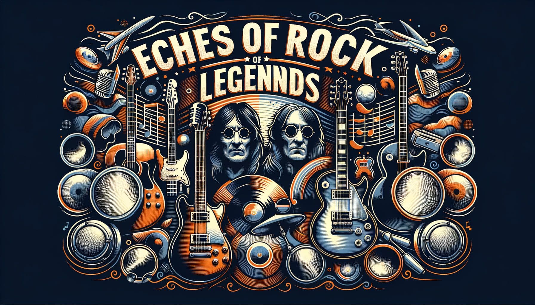 Create an image for a Rock Music article with the title: 'Echoes Of Rock Legends'. The image should represent the journey from the legacies of rock icons to the evolving soundscapes of today, symbolizing rock music's ongoing symphony. The design should encapsulate the spirit and energy of rock music, perhaps featuring instruments typical of the genre, like electric guitars and drums, and carry an overall nostalgic yet modern feel. The layout of the image should be in a 16:9 ratio and with a resolution of 1792 pixels.