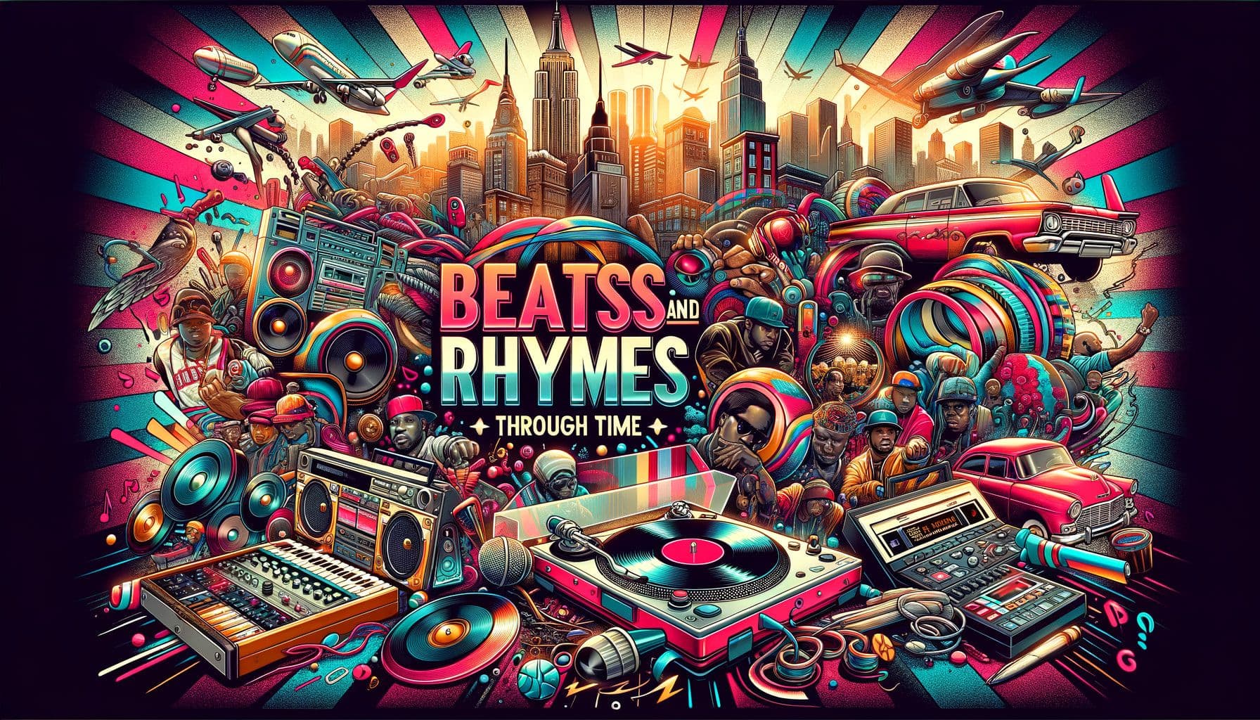 Create an image under the title 'Beats and Rhymes Through Time: A Hip-Hop Encore'. Display a vibrant and dynamic collage that explores the journey of hip-hop music from the past to the present. Include iconic elements such as turntables, graffiti-laden cityscapes, boom boxes, and microphones. Portray a visual timeline that demonstrates the evolution of this genre and its significant cultural impact. This image should be in a 16:9 ratio with a resolution of 1792 pixels.