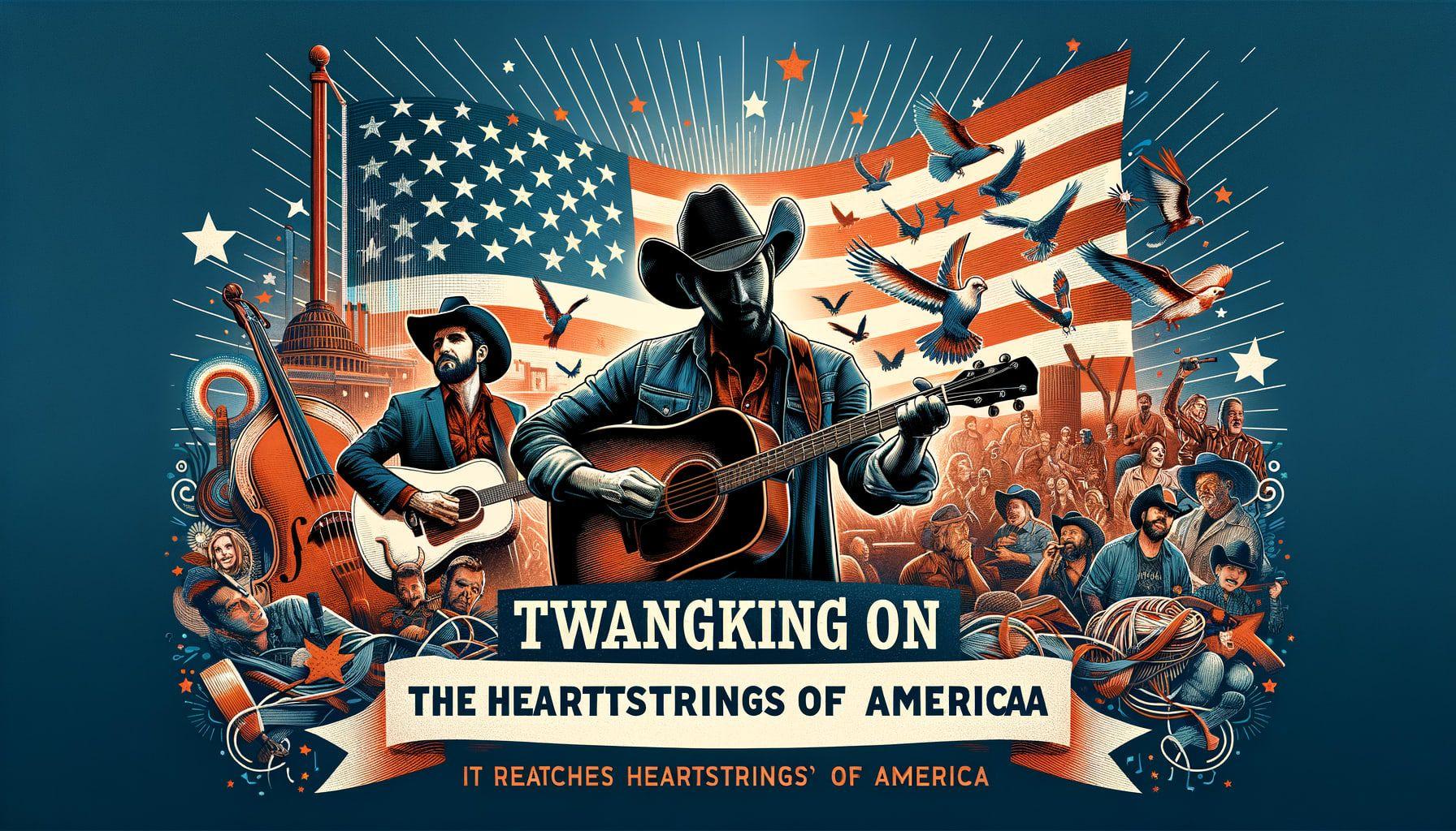 Create an image for an article about country music with a title saying 'Twanging on the Heartstrings of America'. The image should represent the transformative year in country music where it reaches new heights and bids goodbye to legendary figures. Make sure the image is in a 16:9 ratio with 1792 pixels width, encapsulating the diverse themes and moods of country music.