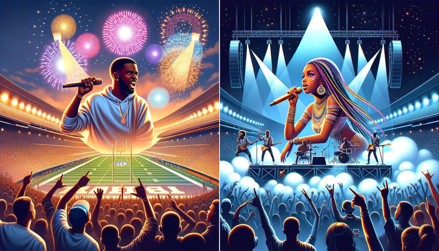 Illustrate an image for an article related to R&B music, bearing the title 'The Melodic Highs of R&B: Astonishing Super Bowl Moments and Electrifying Wireless Festival Triumph'. The image portrays two grand musical performances. First, a male R&B performer with short dark hair (not a real person, but inspired by popular artists), captivating audiences at a significant football event, bathed in bright stadium lights. Second, a female R&B performer with long colorful hair (not a real person, but inspired by popular artists) on a stage adorned with dazzling lights and smoke at a music festival. The image is in a 16:9 ratio with 1792 pixels.