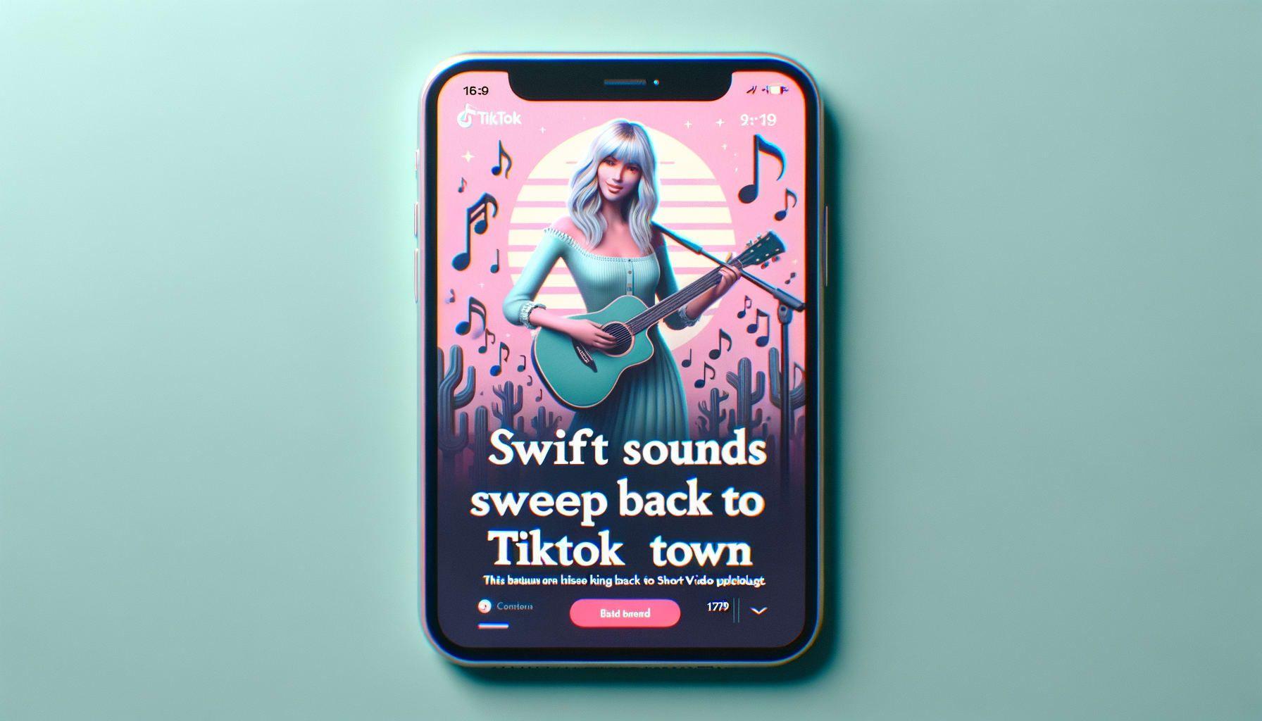 An image representing a news article about a well-known pop singer's return to a popular short video platform. The title of the article is 'Swift Sounds Sweep Back Into TikTok Town'. The given description suggests a key event in music and technology related to the upcoming release of the singer's new album. Image should be in a 16:9 ratio with 1792 pixels.