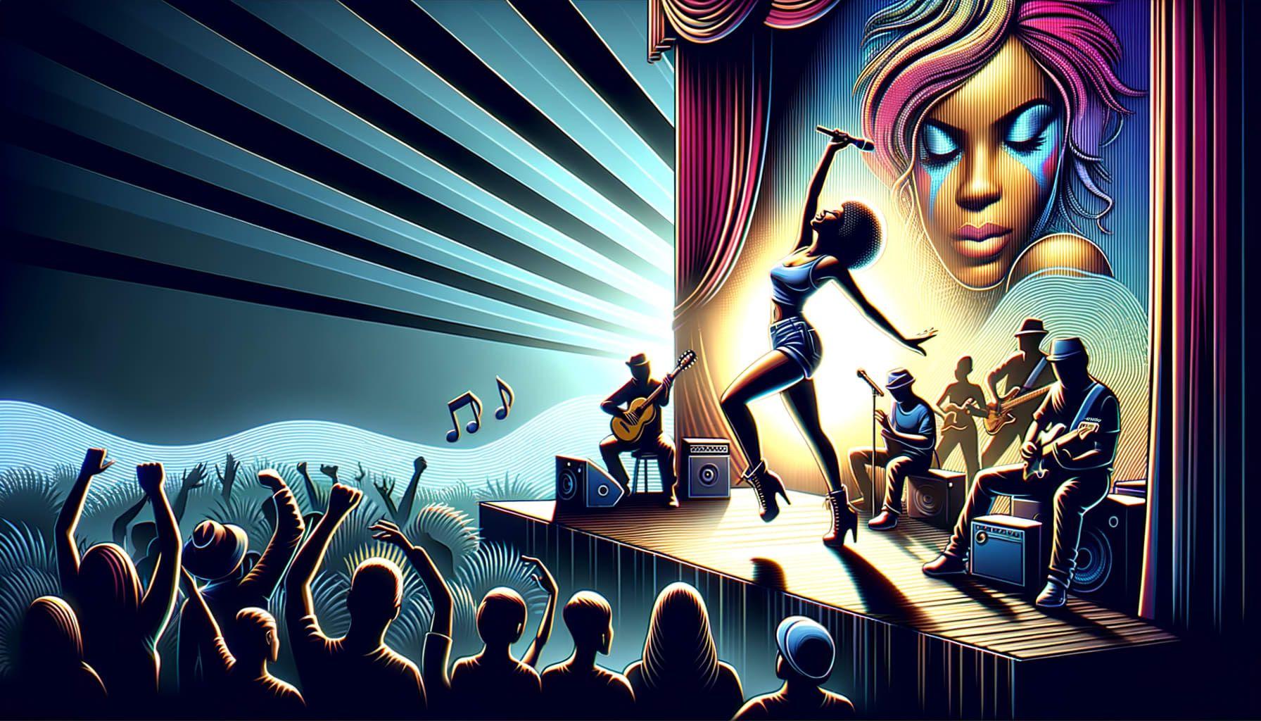 An image for an article titled 'Artist Sheds Tears For No More'. The scene depicts a lively female pop singer of Colombian descent, signifying a triumphant moment. She is rising, perhaps on a stage, symbolizing the release of a new album. On the side, we see a hint of representation for a fierce female rapper of Trinidadian descent. The album features other artists, indicated by subtle shadows of various musicians in the background. It's a vibrant, energetic image celebrating a musical milestone. The dimension is 16:9 with 1792 pixels.