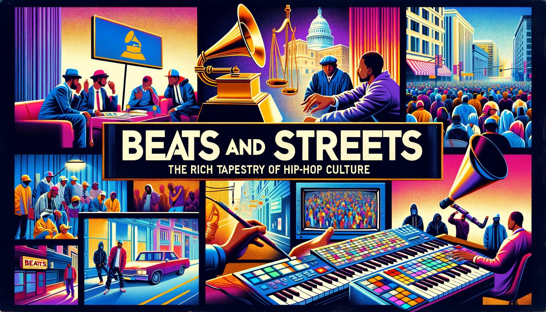 In a 16:9 ratio image with 1792 pixels, visualize the title 'Beats and Streets: The Rich Tapestry of Hip-Hop Culture'. Below the title, show a vibrant mix of scenes that represent the dynamic world of hip-hop culture. This array could include a courtroom, representing law and social injustice topics often explored in hip-hop; the Grammy stage, symbolizing the music industry's recognition of hip-hop; a snapshot of a TV screen depicting a hip-hop influenced show; and a lo-fi beats recording session symbolizing the heart of the genre - the music. The style should be colorful, urban and energetic, basically the very essence of hip-hop.