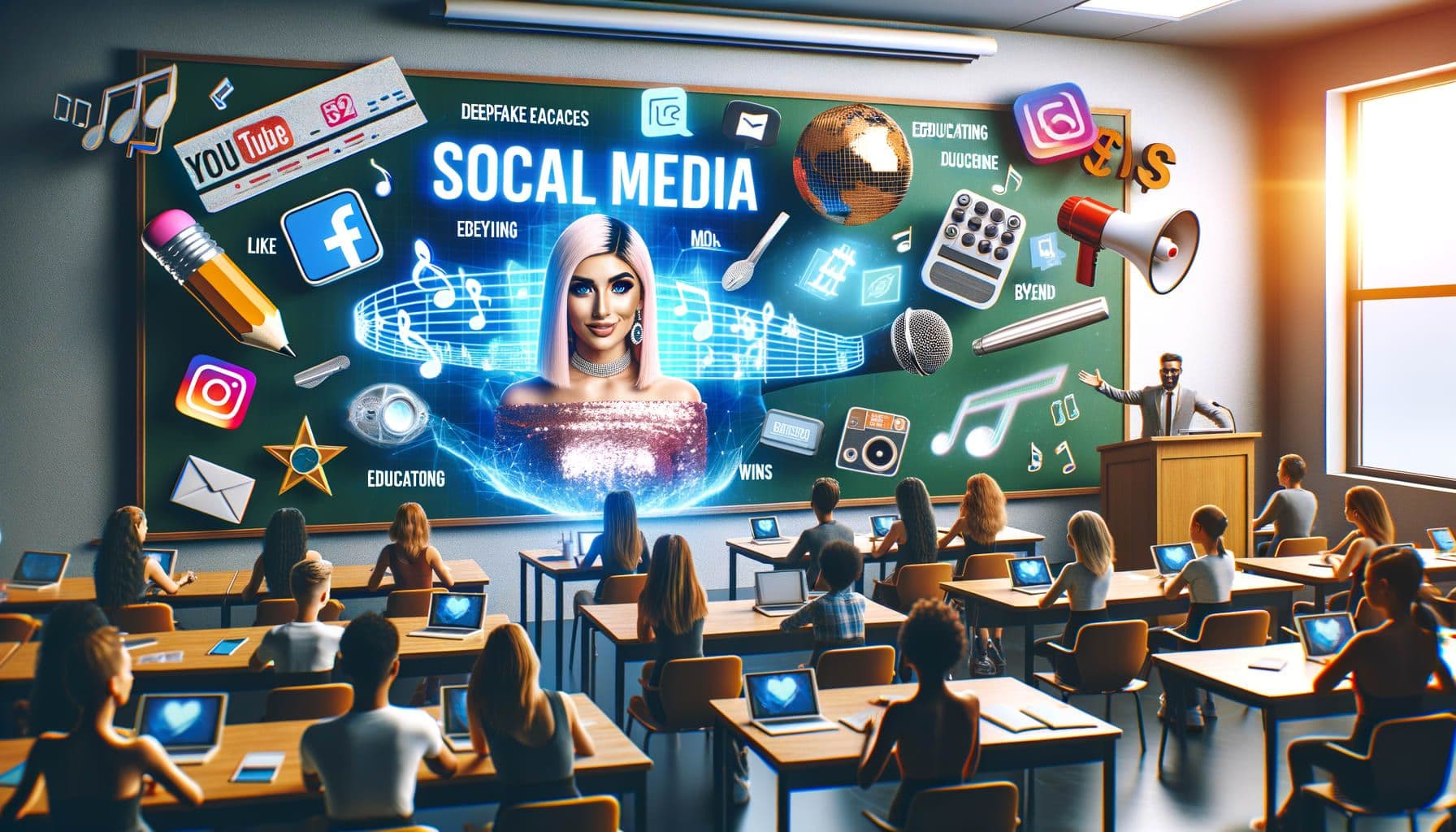 Create an image for an article with title: 'Pop Star Takes Over Social Media in the Classroom and Beyond' and description: From deepfake educators to popular radio wins, a prominent pop star dominates social media, education, and music awards, showcasing her impact across digital and entertainment spectrums. The aspect ratio should be 16:9 with 1792 pixels. The image should include elements like a classroom with a projector showing a trending social media app, a lively music award ceremony, and symbols of digital influence and connection.