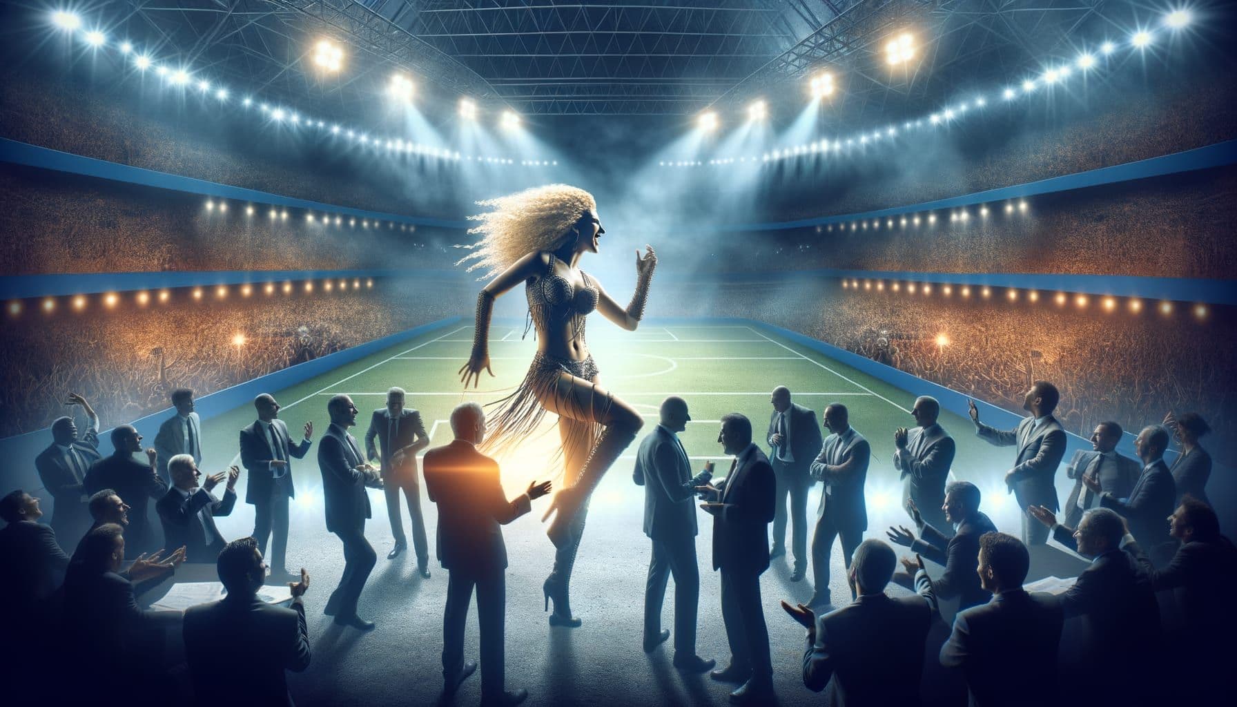 An image depicting a dynamic stage scene set within the context of a large sports event, specifically Copa America. In the limelight, a charismatic woman of Colombian descent with curly blonde hair performs energetically. The crowd is in a state of captivation, as she moves with rhythm and grace. In the background, hints of controversies and major music industry negotiations can be observed through depictions of huddled figures in business attire. The image should be in a 16:9 ratio with 1792 pixels, capturing the essence of excitement, music, sport, and behind-the-scenes drama.