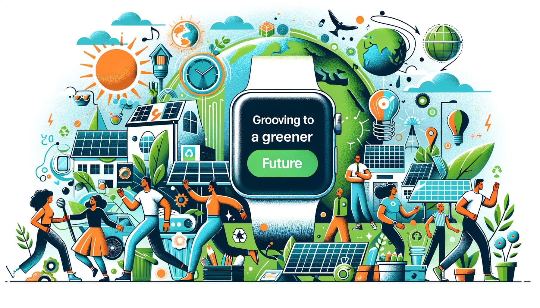 An illustration for an Earth Day article. The content should include an upbeat, energetic atmosphere with people across various descents, both genders, using sustainable tech devices such as solar-powered gadgets, recyclable materials, etc. In the backdrop, include elements signifying high-tech advancements and an Apple Watch displaying a reminder for an eco-friendly challenge. Ensure the image is in a 16:9 ratio with 1792 pixels. The title 'Grooving to a Greener Future', should be prominently featured on the top.