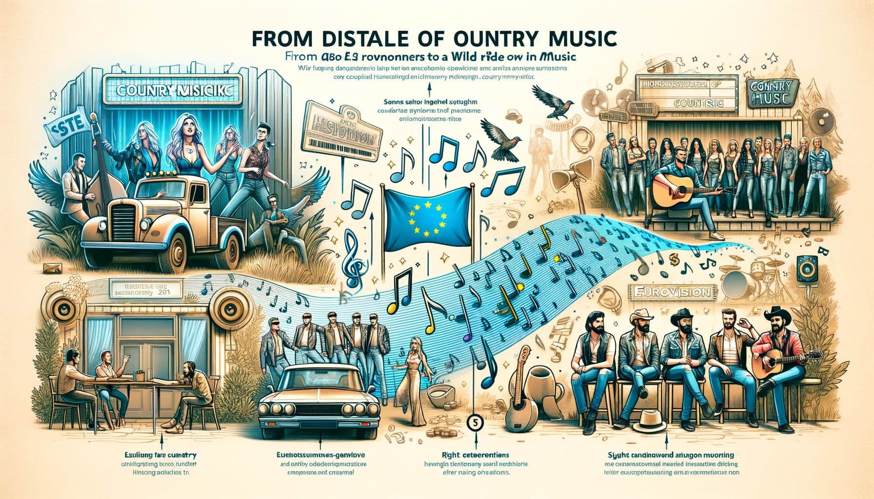 Create a detailed image for an article about the dynamic journey of country music. The image should include symbolic elements indicating the rise of AI in shaping music, scenes depicting significant moments from Eurovision, and subtle visual cues highlighting the unconventional influences on country music. It should also feature the phrase 'From AI Crooners to Eurovision Winners A Wild Ride in Music'. The image should have an aspect ratio of 16:9 and measure 1792 pixels on the longest side.