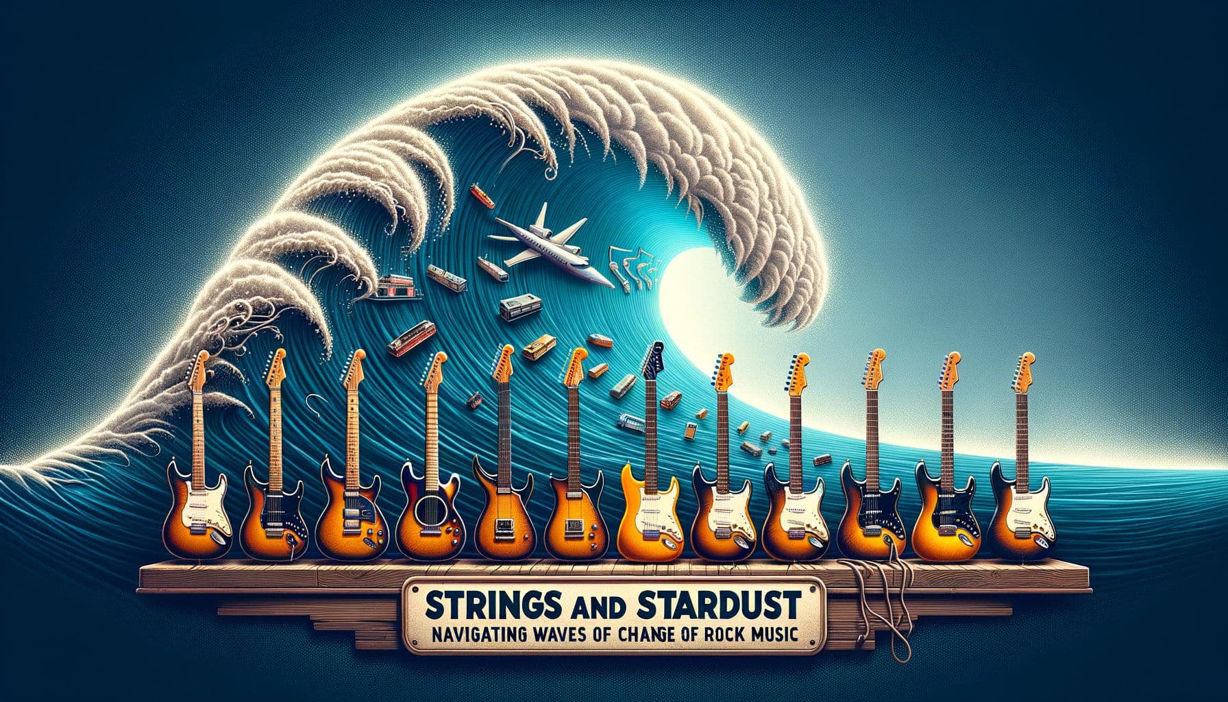 Create an image that visualizes the title 'Strings and Stardust: Navigating Waves of Change in Rock Music'. This image should depict the progression of rock music starting from the Southern rock era, represented by classic guitars, evolving to modern times with virtual reality stages. The transition from the old era to the new one should be creatively symbolized through waves. The image needs to fit a 16:9 ratio with a resolution of 1792 pixels.