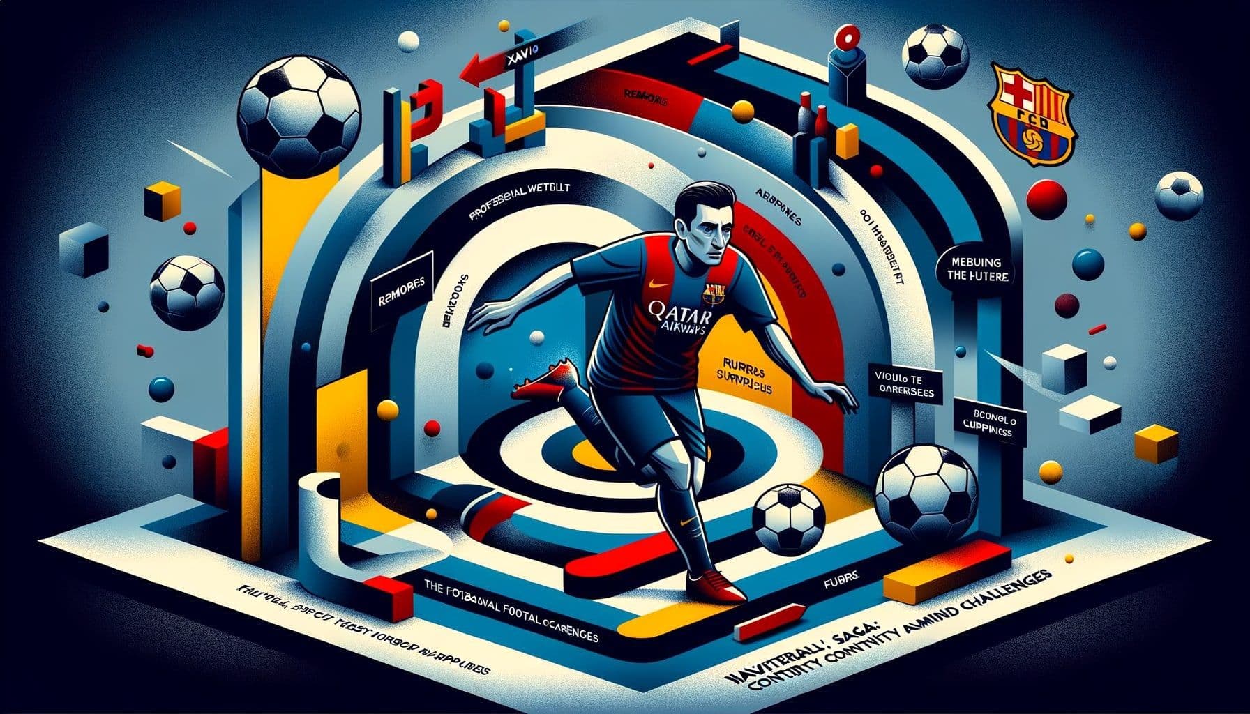 An illustrative image depicting the navigation of professional football challenges and surprises, symbolic of Xavi's career journey. The image should include: a simplified representation of a footballer masterfully maneuvering a soccer ball amidst abstract elements, symbolizing rumors and challenges. The setting should visually imply FC Barcelona’s future, using colors and symbols associated with the club such as a soccer field and the club's colors. The image title would be 'Navigating the Football Saga: Continuity Amid Challenges'. Dimensions should fit a 16:9 ratio, and have a resolution of 1792 pixels.