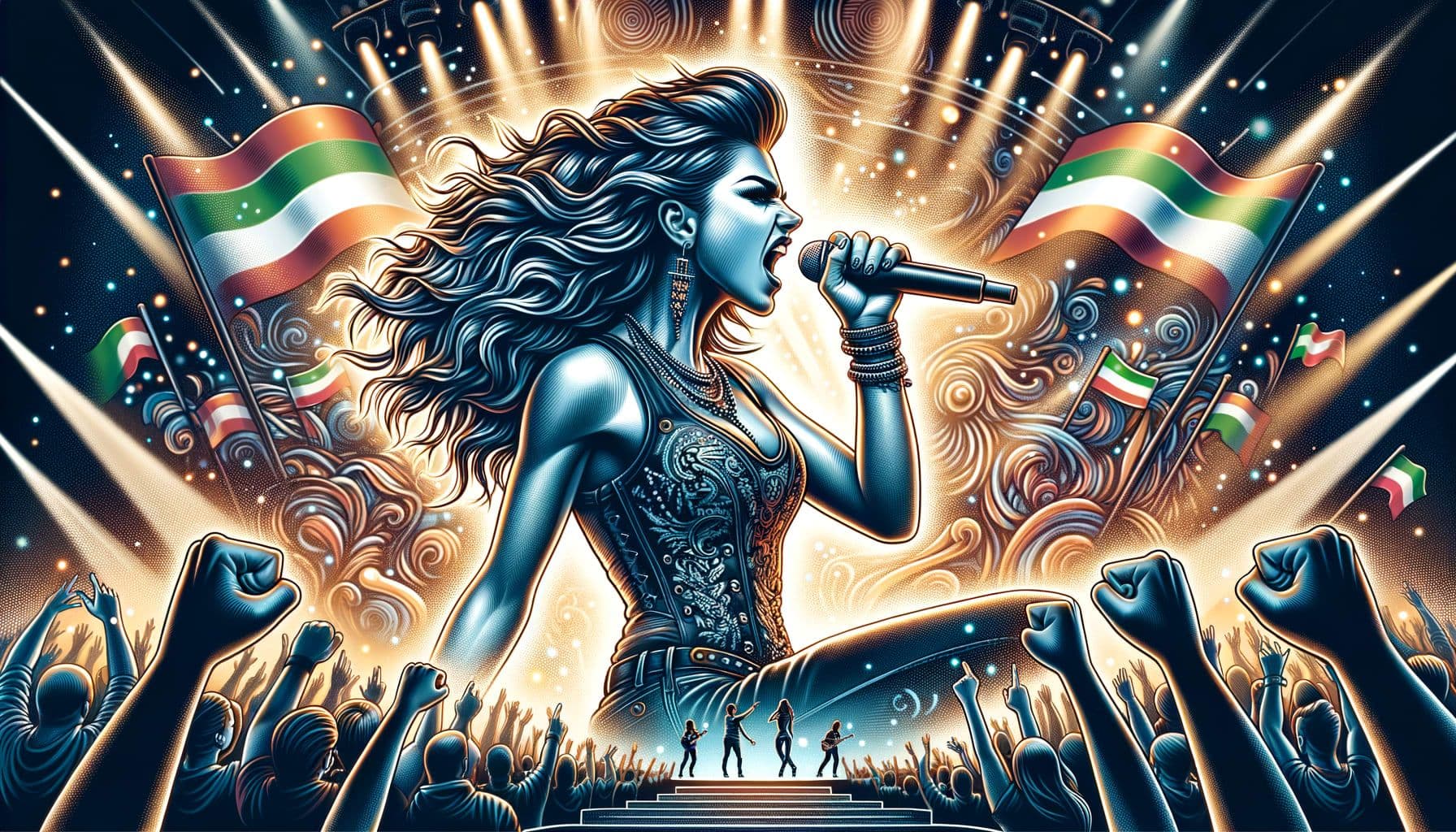 A detailed artistic illustration in a 16:9 ratio with 1792 pixels representing the titled event 'Swirls Italian Hopes at Eurovision.' The focal point is a charismatic female singer on a stage, showcasing her energy and passion. She's involved in an intense performance captivates the audience. The stage is adorned with colors and visuals representing the Italian flag. Emphasize on the Italian pride and hope surrounding her. She holds a microphone, belting out a song named 'La Noia.' The atmosphere is electrifying, indicating this performance has high stakes and could potentially lead Italy to victory.