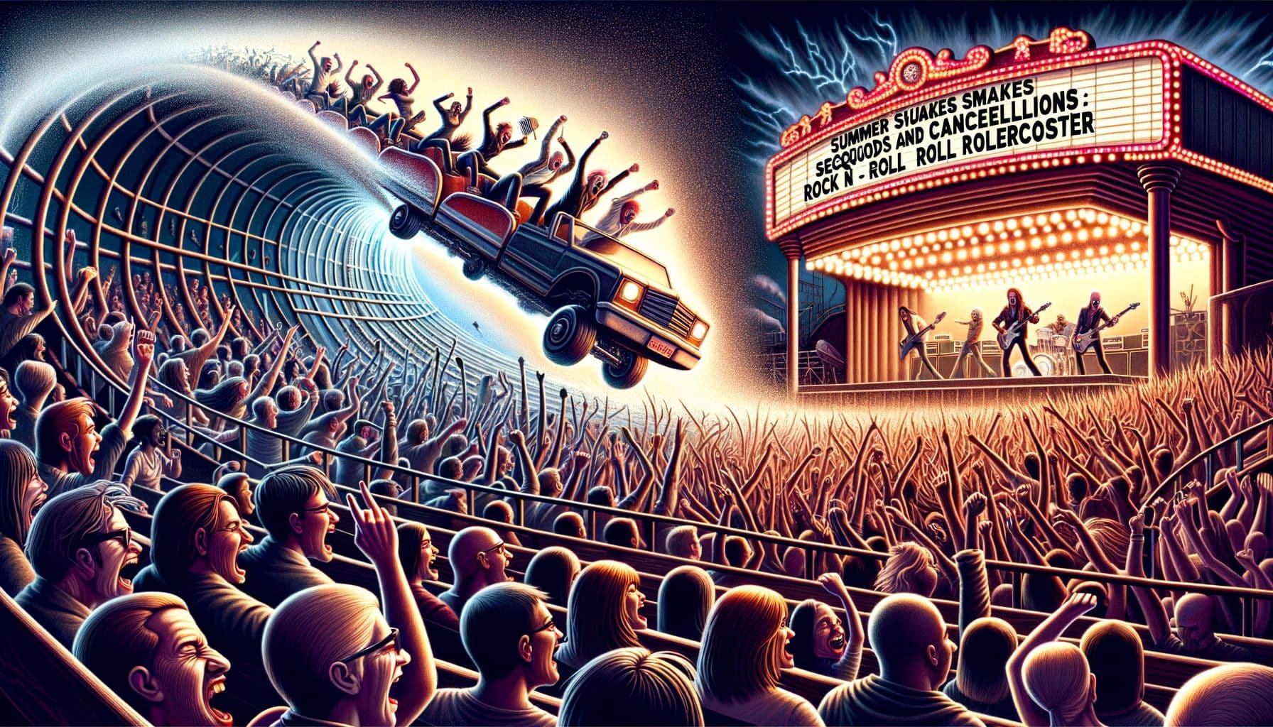 Generate an image for a music themed article with the title: 'Summer Shakes Sequels and Cancellations: Rock n Roll Rollercoaster'. The image should represent the description: From seismic summer concerts illustrating a mix of genres, with large enthusiastic crowds, to sad scenes of tour pauses, symbolizing heartrending moments. The summer's music scene is an eclectic mix of high notes, represented by euphoria, and low beats, depicted by solemn faces, in the audience. The ratio of the image should be 16:9 with a width of 1792 pixels.