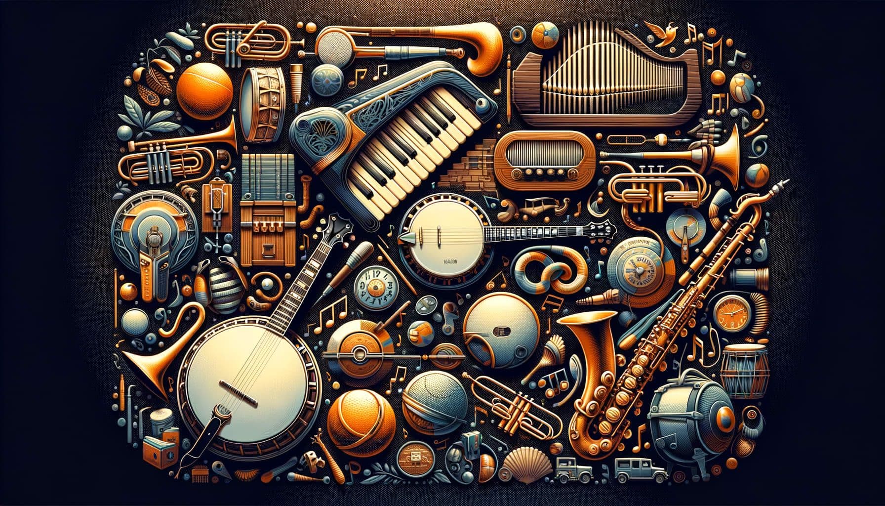 Create a 1792 pixels wide, 16:9 ratio image for the Jazz Music article with title: 'Banjos and Beyond: Exploring Jazz's Rich Tapestry'. The image should depict an eclectic world of jazz where traditional instruments like banjos meet modern pop influences. Include elements that evoke the intriguing history of a genre that refuses to be boxed in, and hints of newfound jazz albums. Please ensure you create an atmosphere that is deeply exploratory and diverse, resonating the depth and breadth of jazz music.