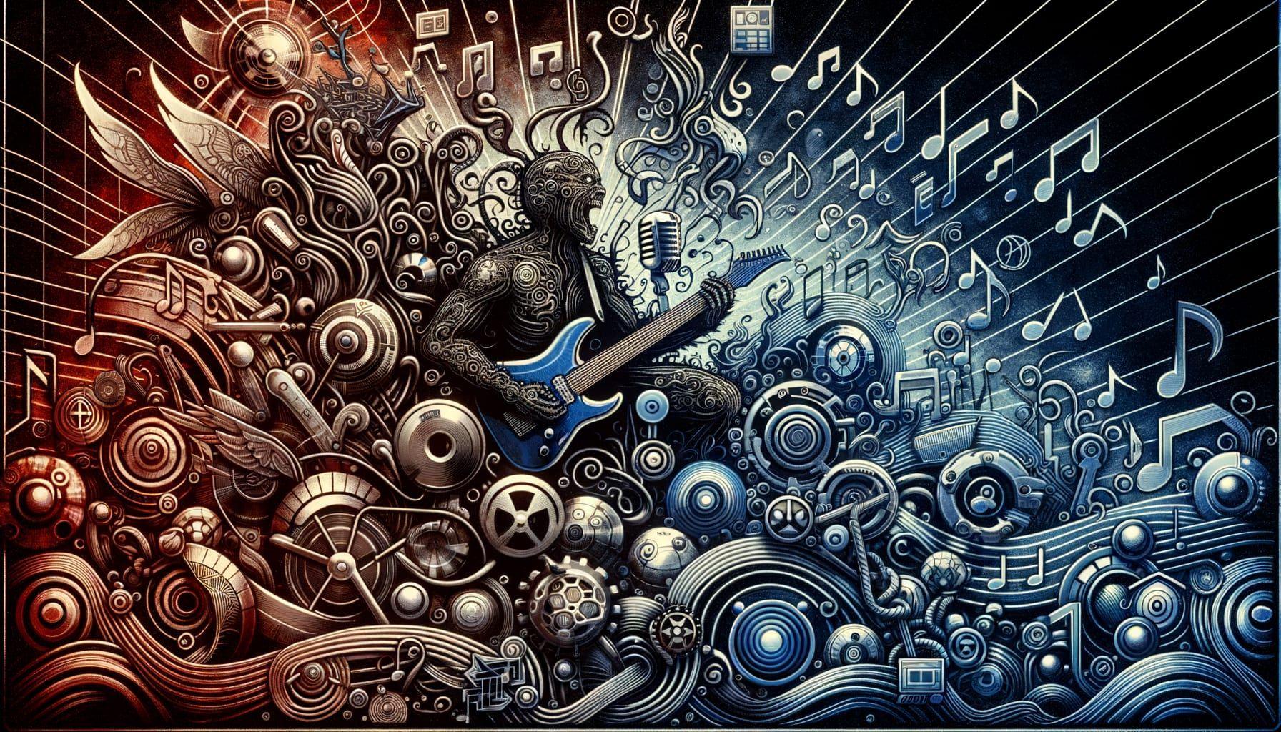 Create an image to complement a music article titled: 'Metallic Reverberation: Oscillating Waves of Metal Music and Online Streaming Platforms', featuring the theme of metal music and its interaction with modern streaming platforms. The image needs to show a montage of abstract representations of streaming platforms intertwined with various symbols of the metal music culture. The image should give a sense of both old-school rawness and the sophistication of the digital age in a 16:9 format with 1792 pixels resolution.