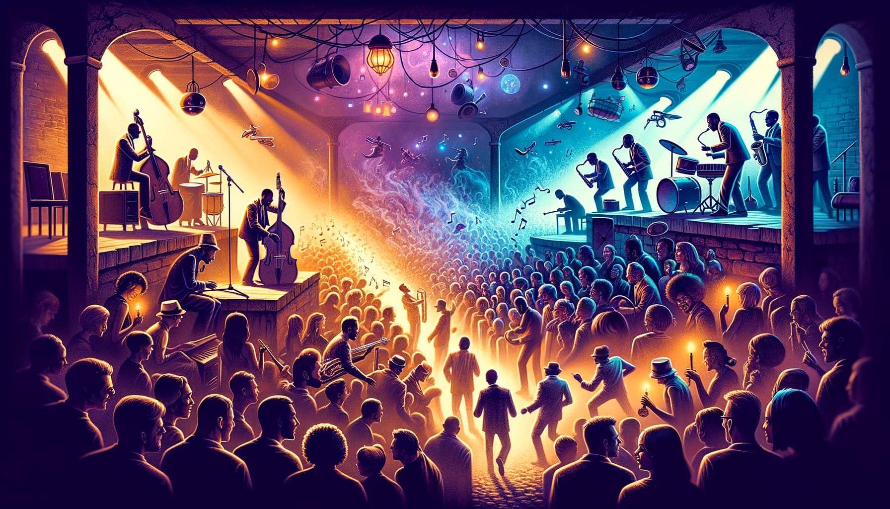 Create a 16:9 ratio image in 1792 pixels detailing a vivid transformation of jazz music's journey. The scene should kick off from dimly lit underground clubs filled with smoky ambiance, where diverse musicians passionately engage with their instruments. The journey should transition to mainstream stages, spotlighting a grand concert at a festival, perhaps resembling Glastonbury. Amidst the crowd, different generations and ethnicities are present, swaying, captivated by the music. Scattered throughout the visual narrative should be illustrations of various genres of music subtly morphing, showcasing jazz's boundless influence. This image is for an article titled 'Jazzing Up the Scene From Lofts to Glastonbury'.