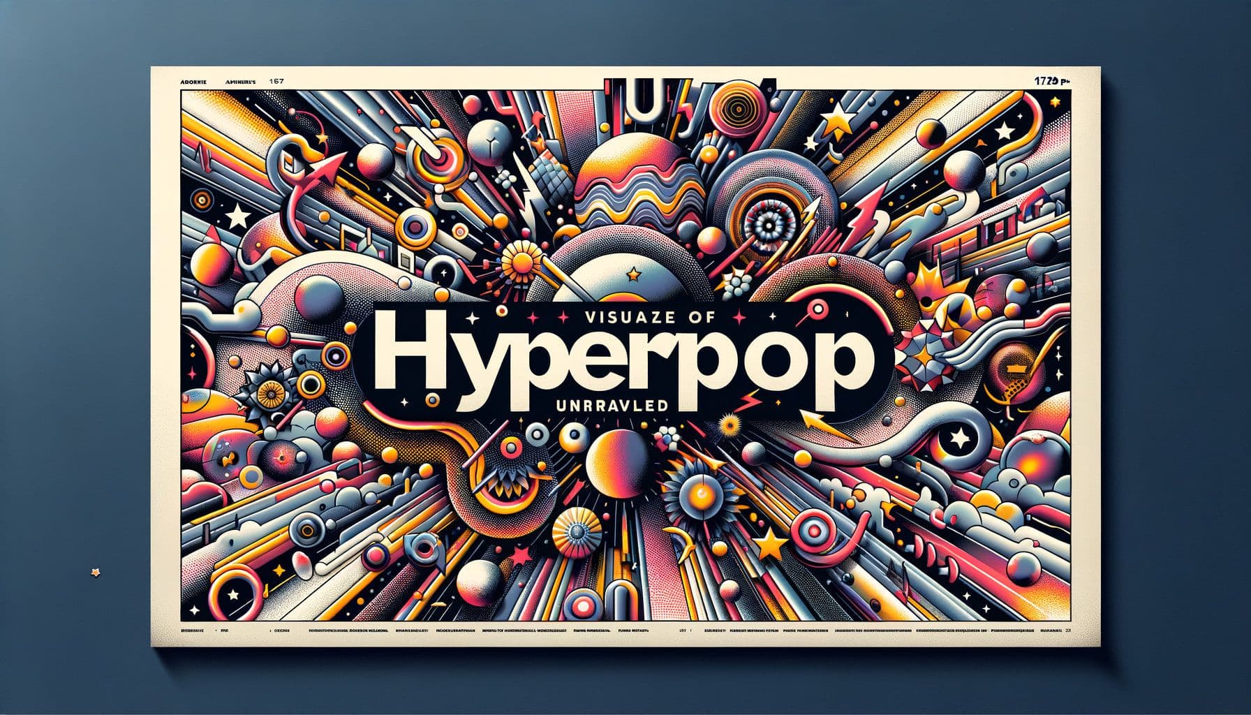 Visualize an article header with the title 'HyperpopHypeUnraveled'. The cover art should represent the concept of hyperpop music and the significant cultural shifts it signifies. The design should feature abstract representation of stars and incorporate viral moments associated with hyperpop culture. Please make it energetic, vibrant, and audacious, just like the genre itself. The aspect ratio should be 16:9 with a width of 1792 pixels. Tone should be modern, dynamic and a tad surreal to encapsulate the essence of hyperpop.