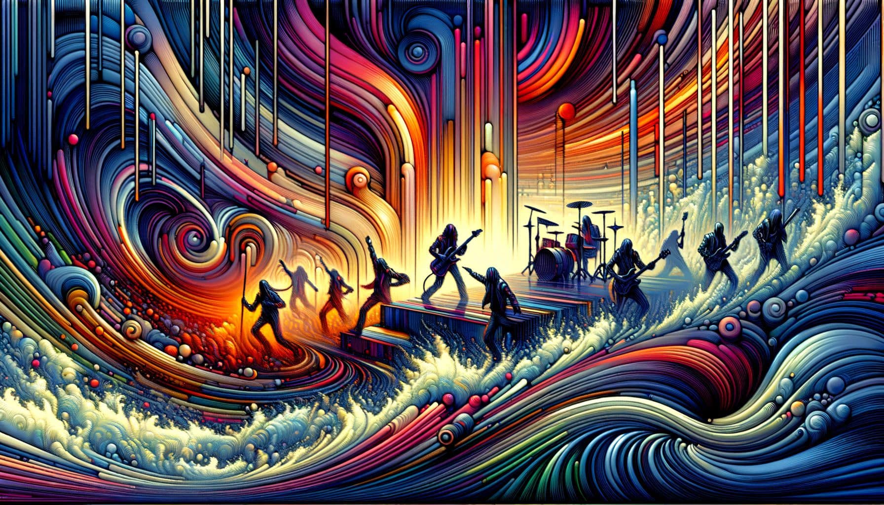 Generate an abstract artistic representation of the evolution of Hyperpop music from its underground roots to its current mainstream popularity. The scene should invoke a sense of a musical crescendo, with abstract representations of artists reshaping the sonic landscape. This must be in a 16:9 ratio layout, with a target resolution of 1792 pixels.