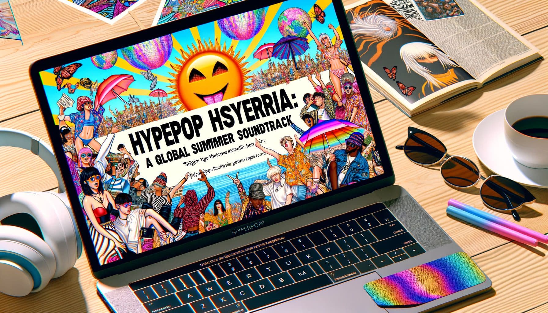 Design an illustrative image for an article about Hyperpop music. The title of the article is 'Hyperpop Hysteria: A Global Summer Soundtrack'. The image should capture the essence of a vibrant summer, enriched by Hyperpop's influence. It should blend elements of viral memes, fashion trends, and groundbreaking music releases to echo Hyperpop culture. The image is required to be in a 16:9 ratio with dimensions of 1792 pixels.