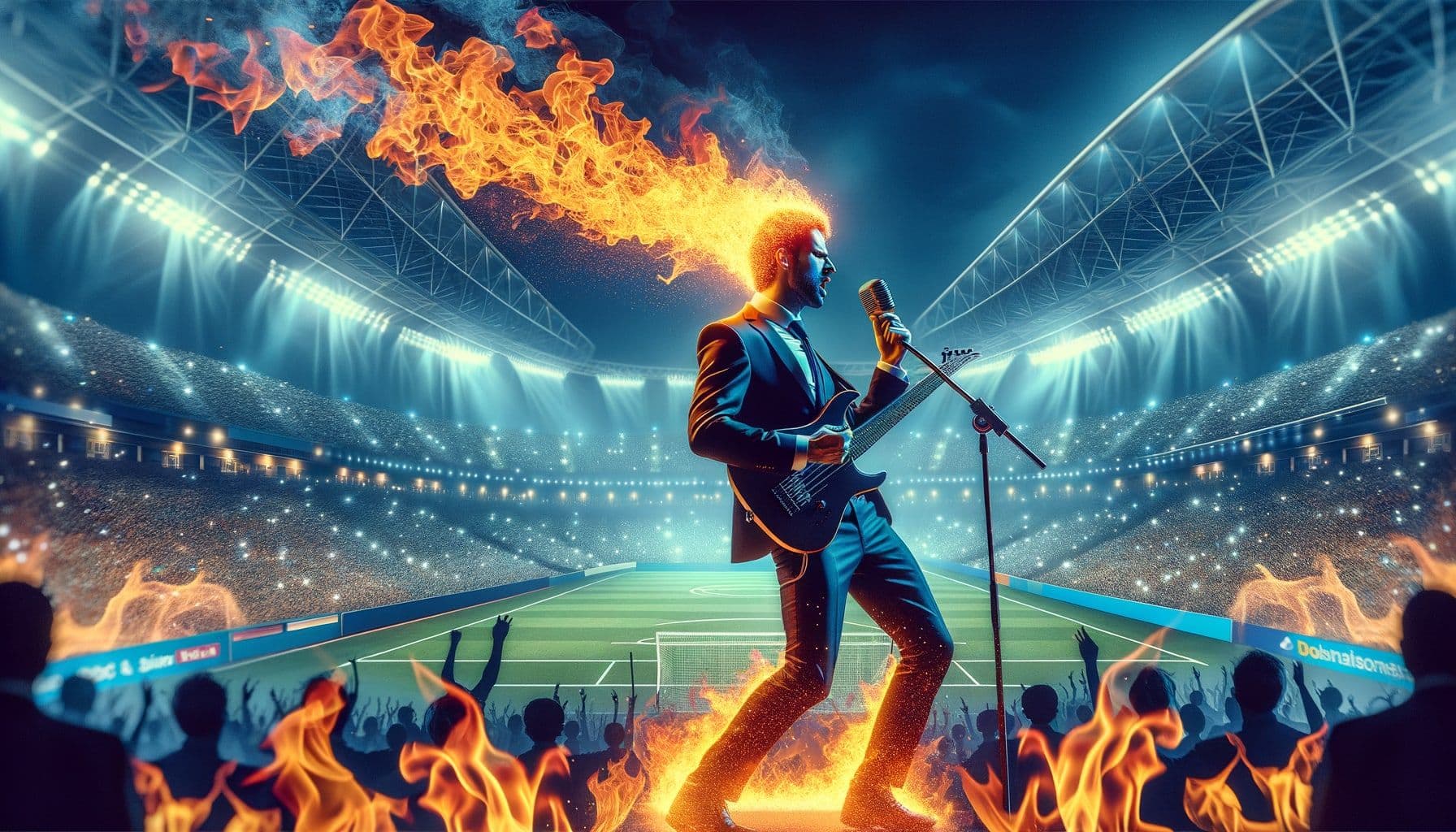 A performer of ambiguous descent sets the atmosphere of a major sports event on fire with a performance filled with popular songs as economic advantages loom large. The image should have a 16:9 ratio and 1792 pixels. Please incorporate visual metaphors of 'fire' and 'looming economic benefits'.