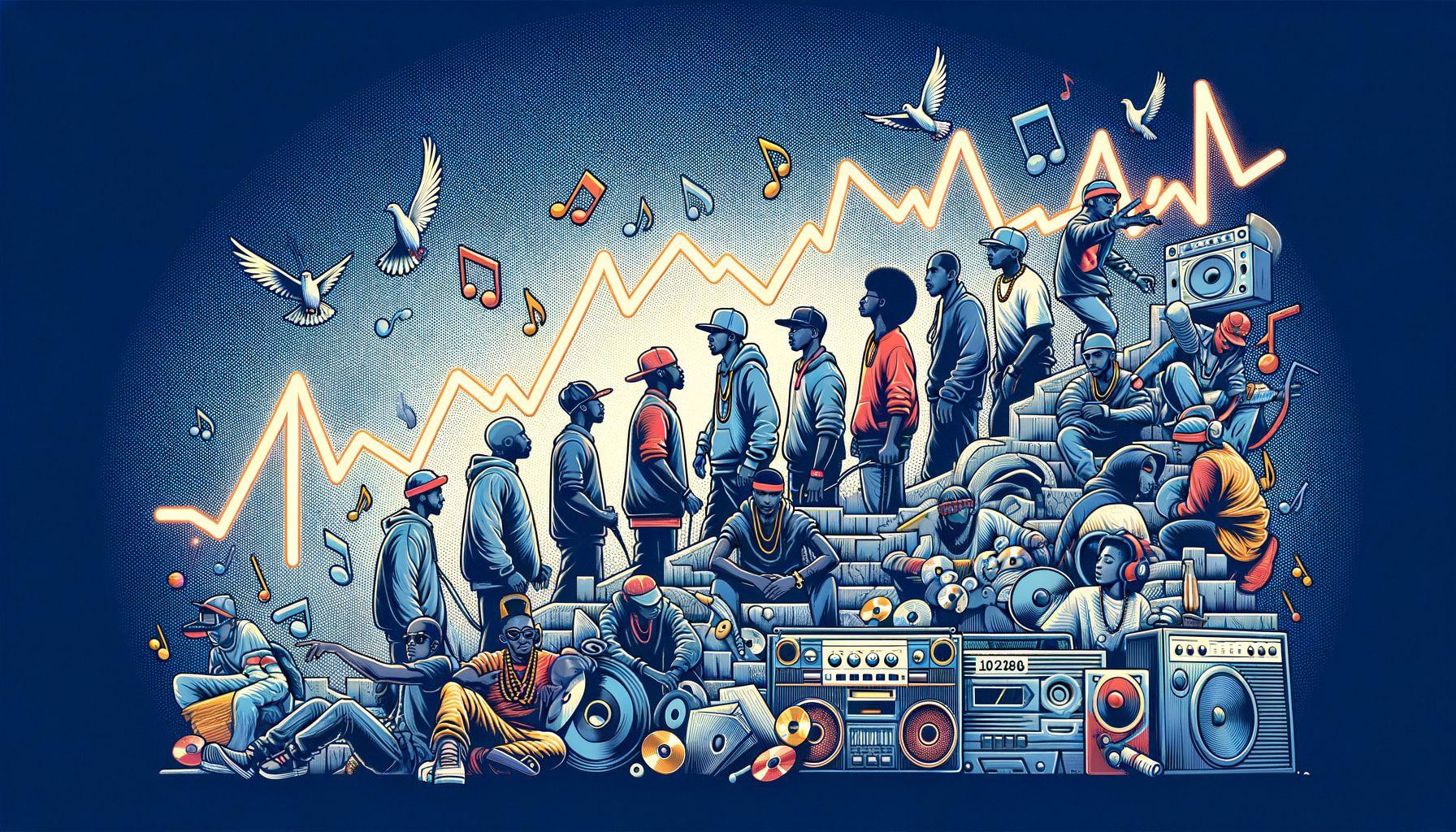 Create an image with a 16:9 ratio and 1792 pixels width. The image is for an article about hip-hop music, with the title 'The Pulse, Trials, and Triumphs of Hip-Hop: A Cultural Standpoint'. The image should depict the continuous evolution of the hip-hop culture, symbolizing its milestones and conveying the trials experienced by its icons. Also, illustrate the cultural impact hip-hop has made. Please avoid depictions of specific individuals and ensure to comply with copyright laws.