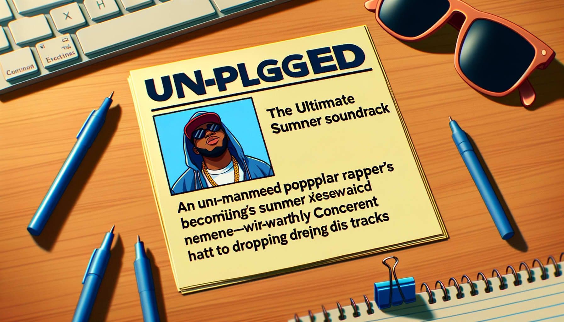 Create an image for an article titled 'Unplugged: The Ultimate Summer Soundtrack'. The description mentions an unnamed popular rapper's summer experiences which are becoming the most talked-about yet. This includes meme-worthy concerts to dropping diss tracks. The aspect ratio of the image should be 16:9 and it should be 1792 pixels wide.