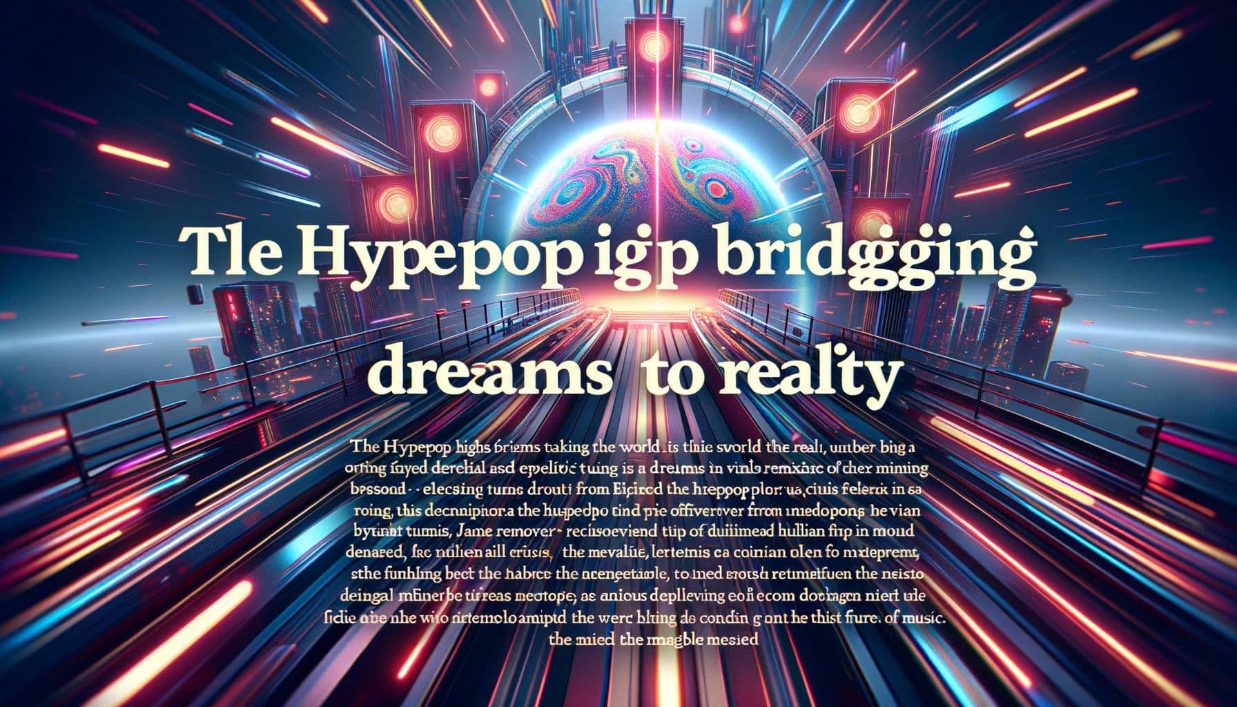 An image for an article with the title 'Hyperpop Highs Bridging Dreams to Reality'. The description tells about how Hyperpop is taking the world by storm, with the mention of eclectic tunes from a certain Jane Remover and a viral remix from two unidentified but influential musicians, indicating how this genre is defining the future of music. The image presents itself in a 16:9 ratio and has an aura of dynamism and futurism to represent the genre.  It holds 1792 pixels.