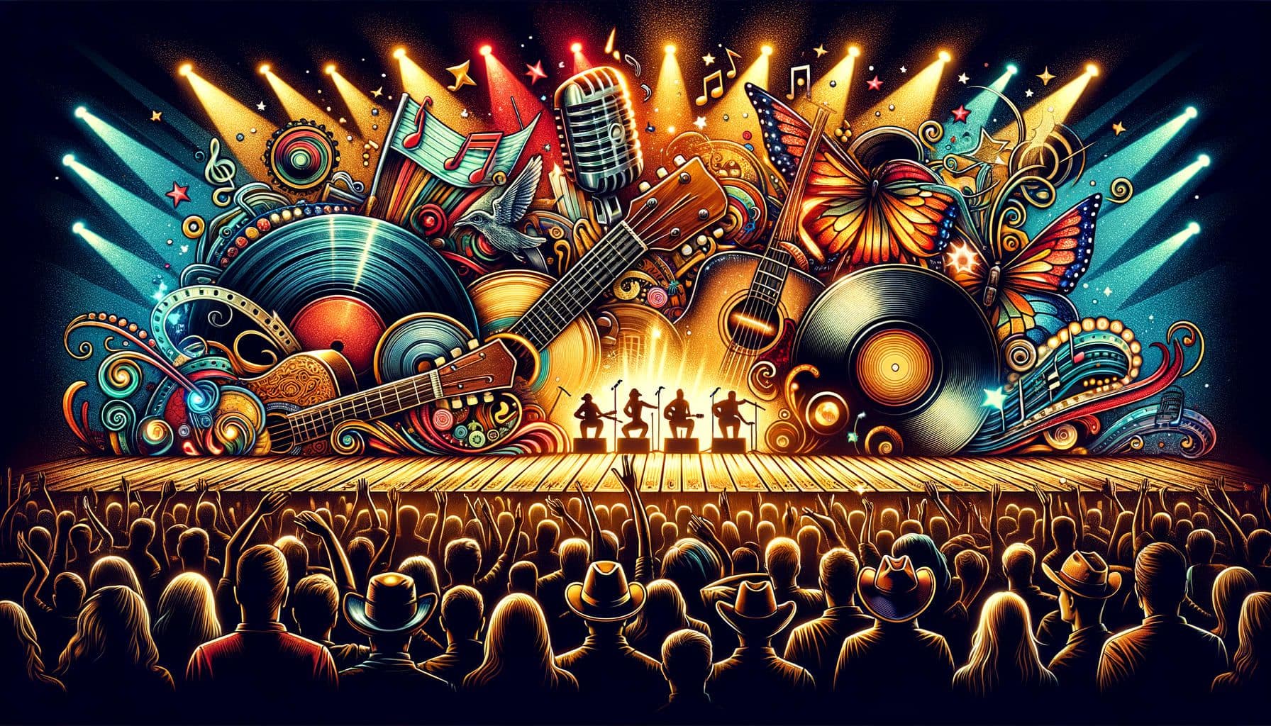 Generate an image for a music article with the title 'Strings and Keys: The Melodic Heartbeat of a Nation'. The theme of the image should capture the dynamic interplay between country music's nostalgic roots, represented using symbols like vintage vinyls, rustic guitars, and cowboy hats, and modern pop culture's vibrant energy, depicted by colorful stage lights, dazzling outfits, and a diverse crowd in the background. The image should be cinematic-looking with a 16:9 ratio and with 1792 pixels.