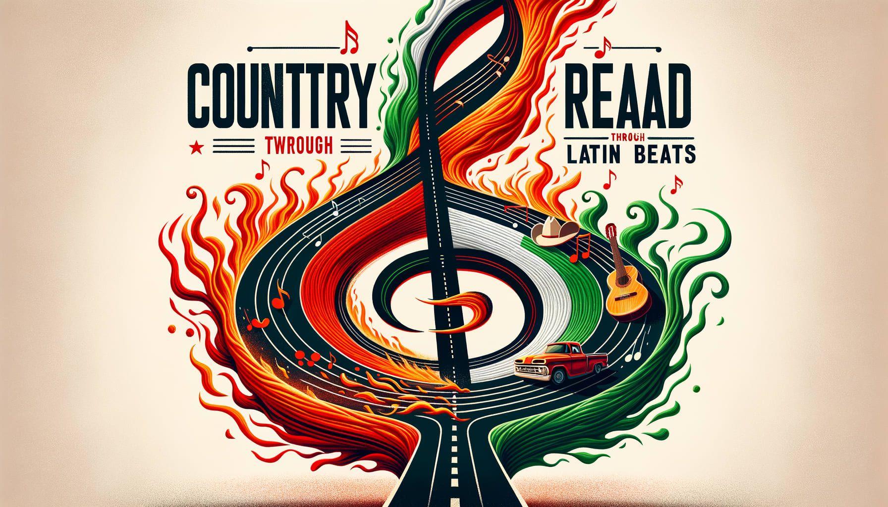 An illustration representing the idea of a musical journey that merges música Mexicana with country music. Imagine a metaphorical road that twists and turns, shaped like treble clef. This road is flaming with colors of red, green and white representing Mexico, with occasional vibrant bursts of country guitar and cowboy hat, symbolising the country genre. The title 'Country Road Twists Through Latin Beats' appears at the top, with the road seemingly originating from the lettering. All in 16:9 ratio with 1792 pixels.