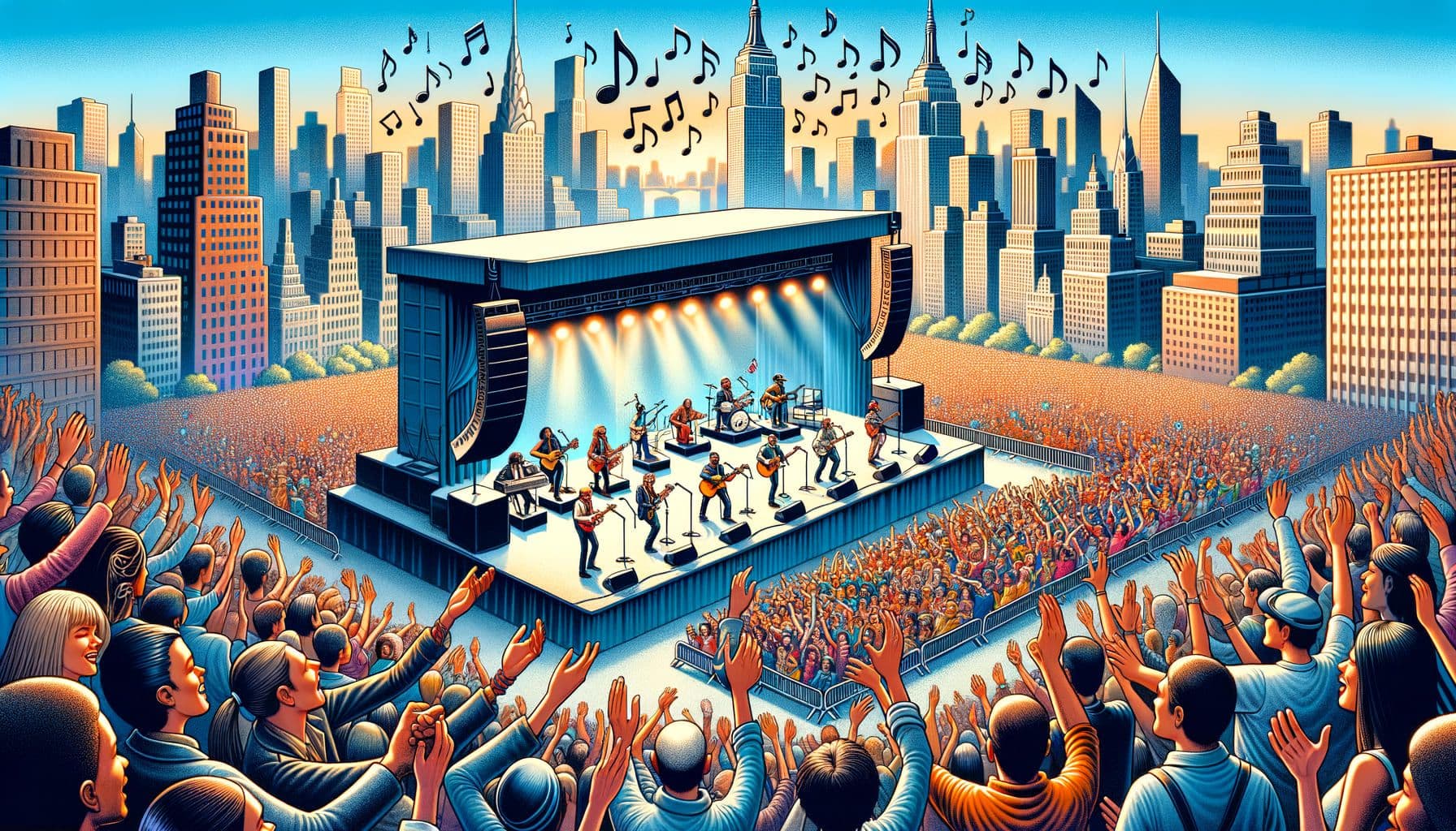 Visualize a 16:9 ratio image for an article titled 'SummerStage Rocks NYC With A Free Musical Smorgasbord'. The image should capture the essence of SummerStage unveiling a powerhouse lineup of free concerts across New York City, implying an eclectic blend of music and comedy from May to October 2024. Show diverse performers on the stage, with a large crowd of different races and genders enjoying, holding their hands up and singing along. The New York City skyline is in the background and music notes gently float across the scene. The image is filled with 1792 pixels ensuring a detailed representation.