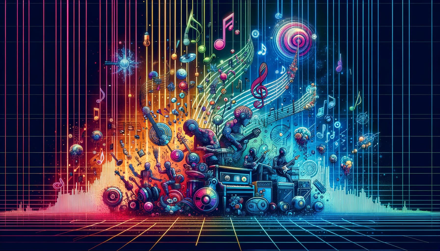 Create a composite representation that portrays the evolution of modern pop music, excluding any specific individuals. Visualize elements representing traditional music symbols being morphed into digital signals to signify technological advancements in music production. Keep in theme with pop culture aesthetics, incorporating vibrant colors and fluid lines. The title: 'ThePopBeat: An Evolutionary Journey through Modern Music' can be positioned at the top for attention. Also include a brief, descriptive sub-heading: 'A recap on the pop music landscape and breakthroughs in tech-equipped music'. Please adhere to a 16:9 aspect ratio and a resolution of 1792 pixels.