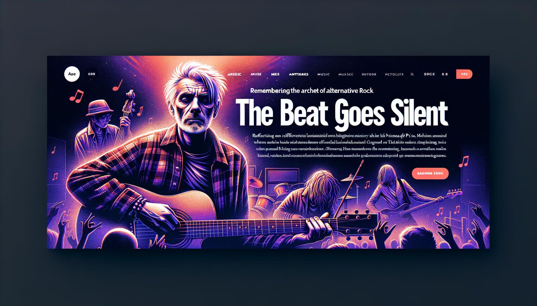 Design a banner image for an article about the Alternative rock music genre. The title of the article would be 'The Beat Goes Silent: Remembering the Architect of Alternative Rock'. The description would be 'Reflecting on the influential legacy of a legendary music architect, whose work with icons like Nirvana and Pixies defined a musical era, and the response from the music world to his departure.' This banner should be in a 16:9 ratio with 1792 pixels.