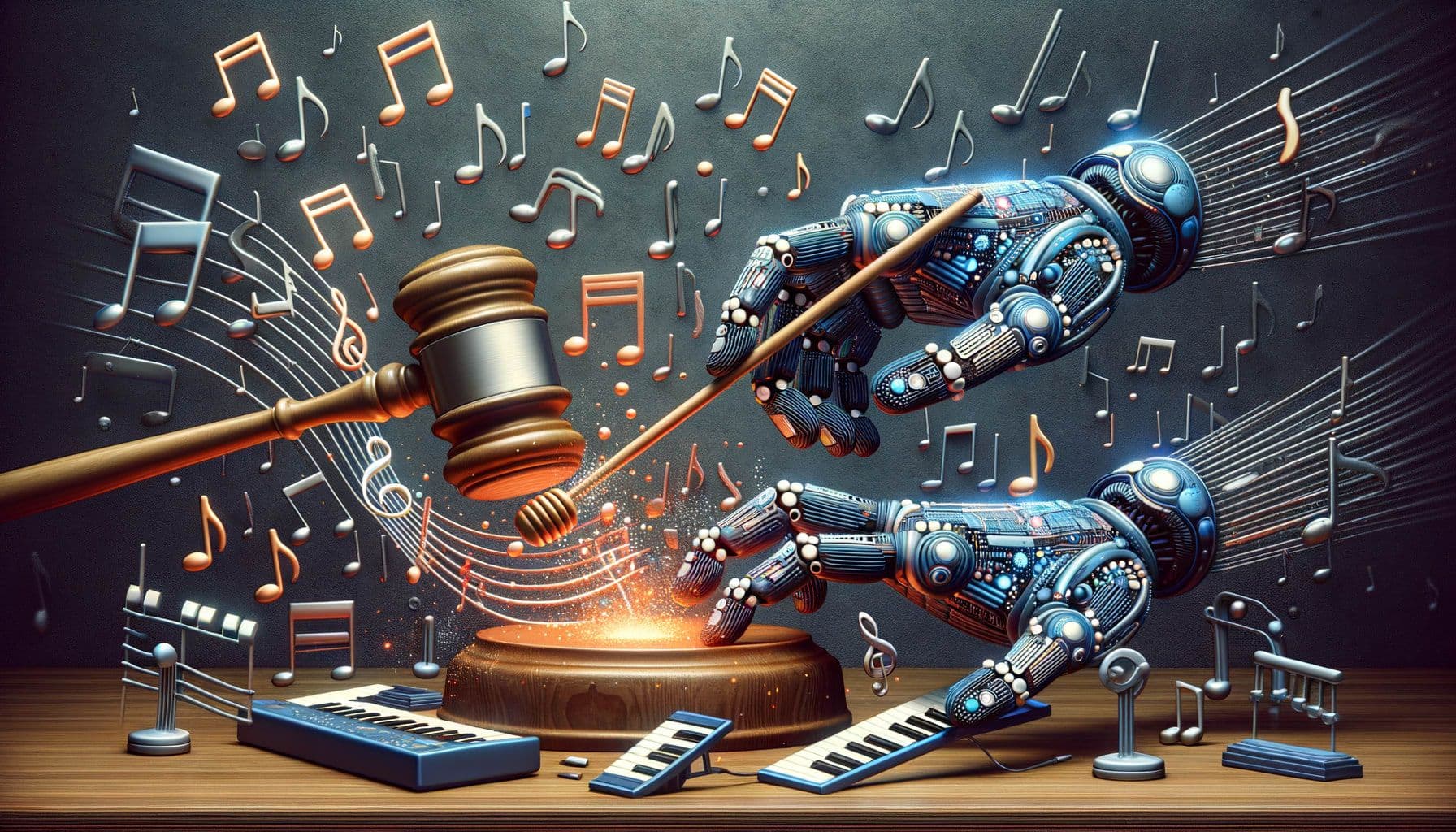 Generate an image in 16:9 ratio and 1792 pixels width for an article named 'A Symphony of Code: Music AI's Legal Crescendo'. The image should visually depict the intricate intersection of copyright law and artificial intelligence in the realm of music. The theme should highlight how modern technology challenges conventional musical compositions. This clashing scene could feature symbols of both music and law, like musical notes that transform into legal scales, a 'robotic' hand composing music, or a court gavel hitting a keyboard. Use a muted color palette to evoke a serious, academic tone.