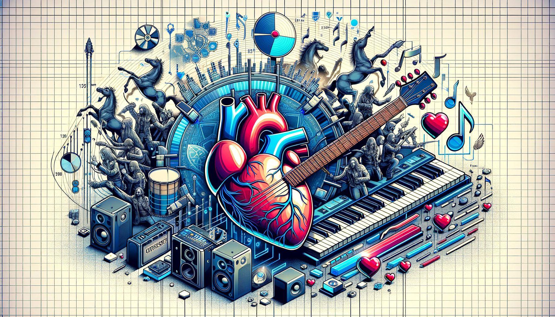 Generate a 16:9 image representing an article about metal music. The title of the article is 'Metal Mania Melds with Modern Tech and Tradition'. The content includes the significant influence of metal music within the domains of rhythm games, design, and equine hearts. The depiction showcases elements of gaming, design elements inspired by metal music and a heart symbol infused with a metal music theme. The dimension of this representative image is 1792 pixels wide, ensuring all features resonate explicitly.